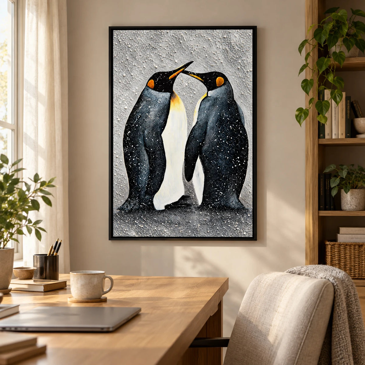 Ownanart Hand-Painted Two Penguins in Falling Snow Oil Painting – 3D Textured Vertical Impasto Canvas Wall Art for Living Room Bedroom Entryway and Office #OA 1595