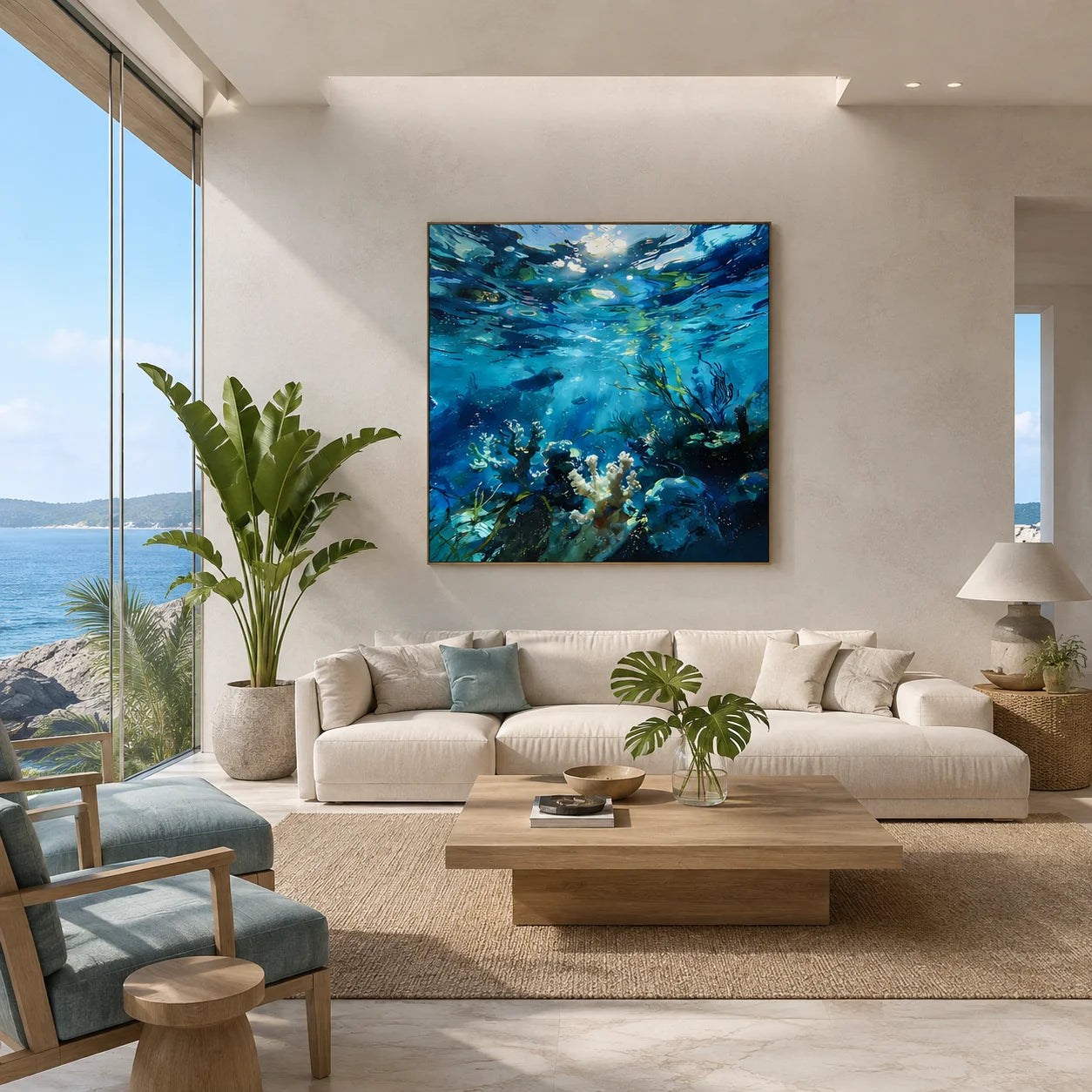Ownanart.com Hand-Painted Underwater Ocean Oil Painting, Blue Coral Reef & Marine Life Wall Art, Coastal Sea Canvas Artwork for Living Room # OA 1337