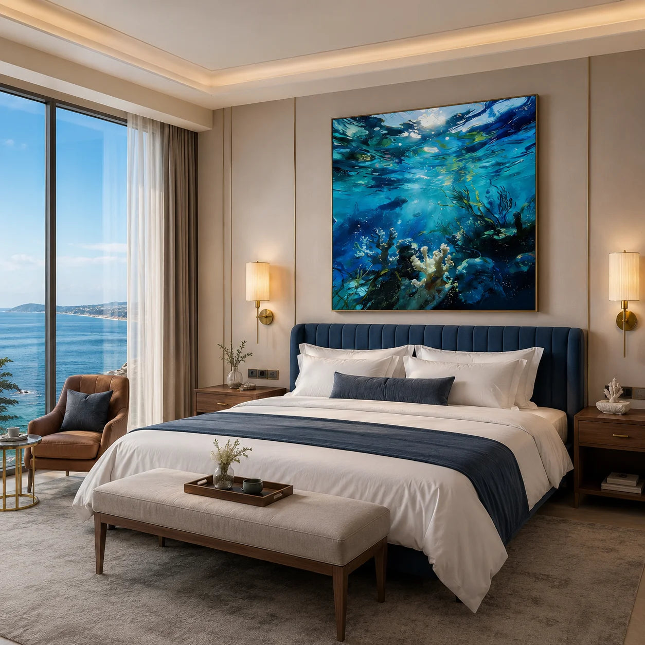 Ownanart.com Hand-Painted Underwater Ocean Oil Painting, Blue Coral Reef & Marine Life Wall Art, Coastal Sea Canvas Artwork for Living Room # OA 1337