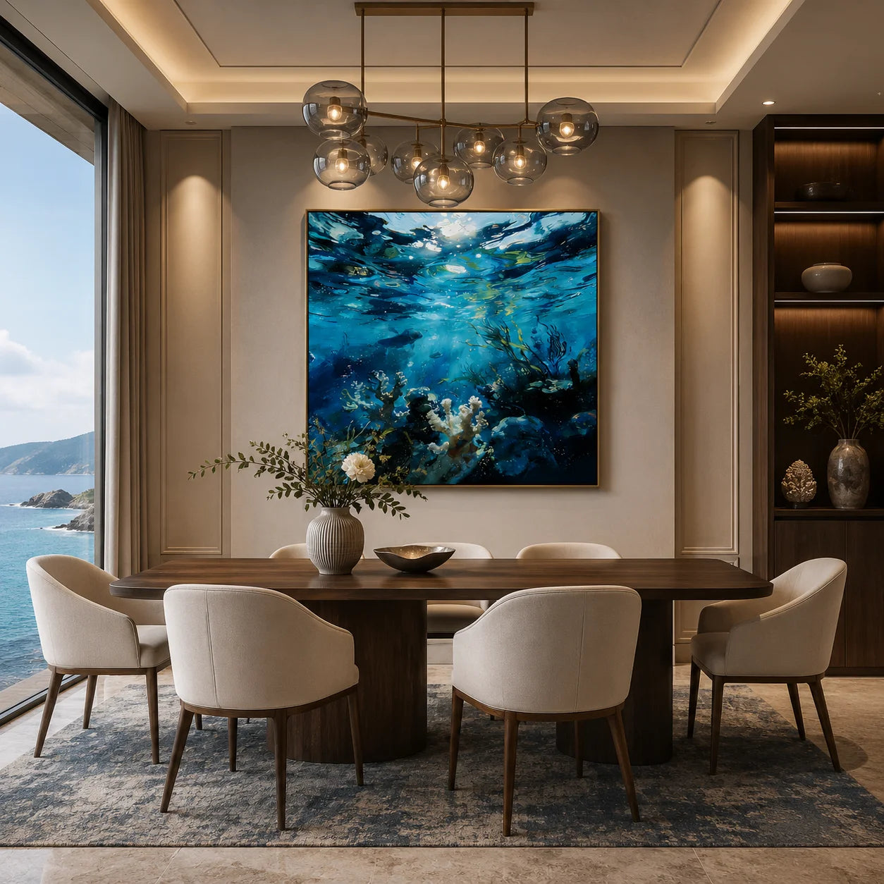 Ownanart.com Hand-Painted Underwater Ocean Oil Painting, Blue Coral Reef & Marine Life Wall Art, Coastal Sea Canvas Artwork for Living Room # OA 1337