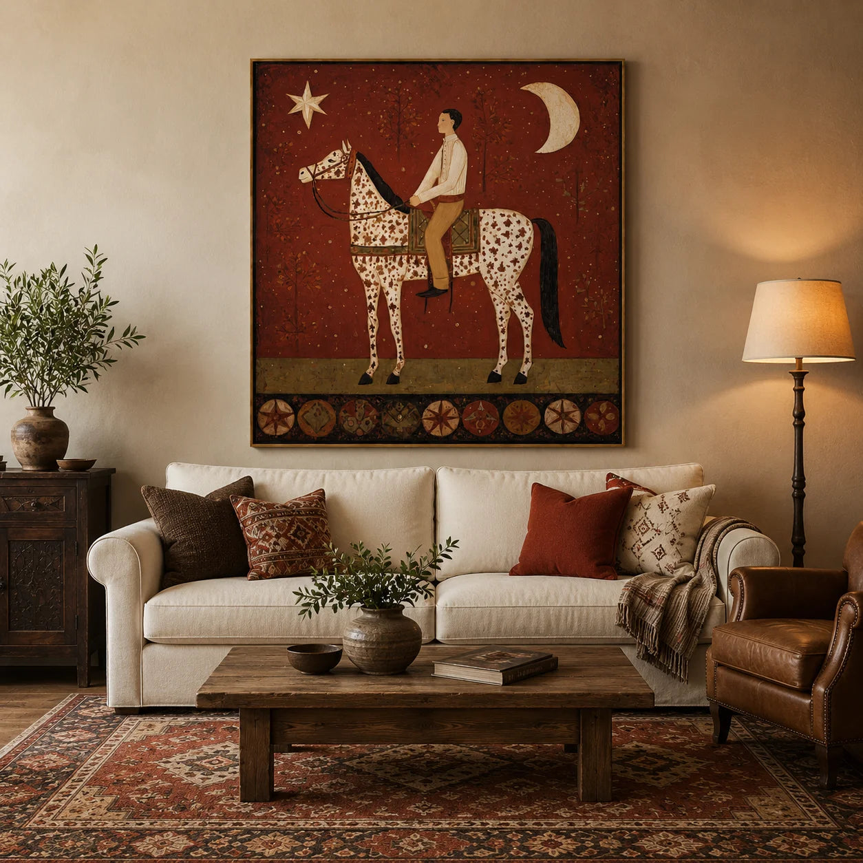 Hand-Painted Vintage Horse Rider Oil Painting, Folk Art Equestrian Canvas Wall Art for Rustic Luxury Home Decor