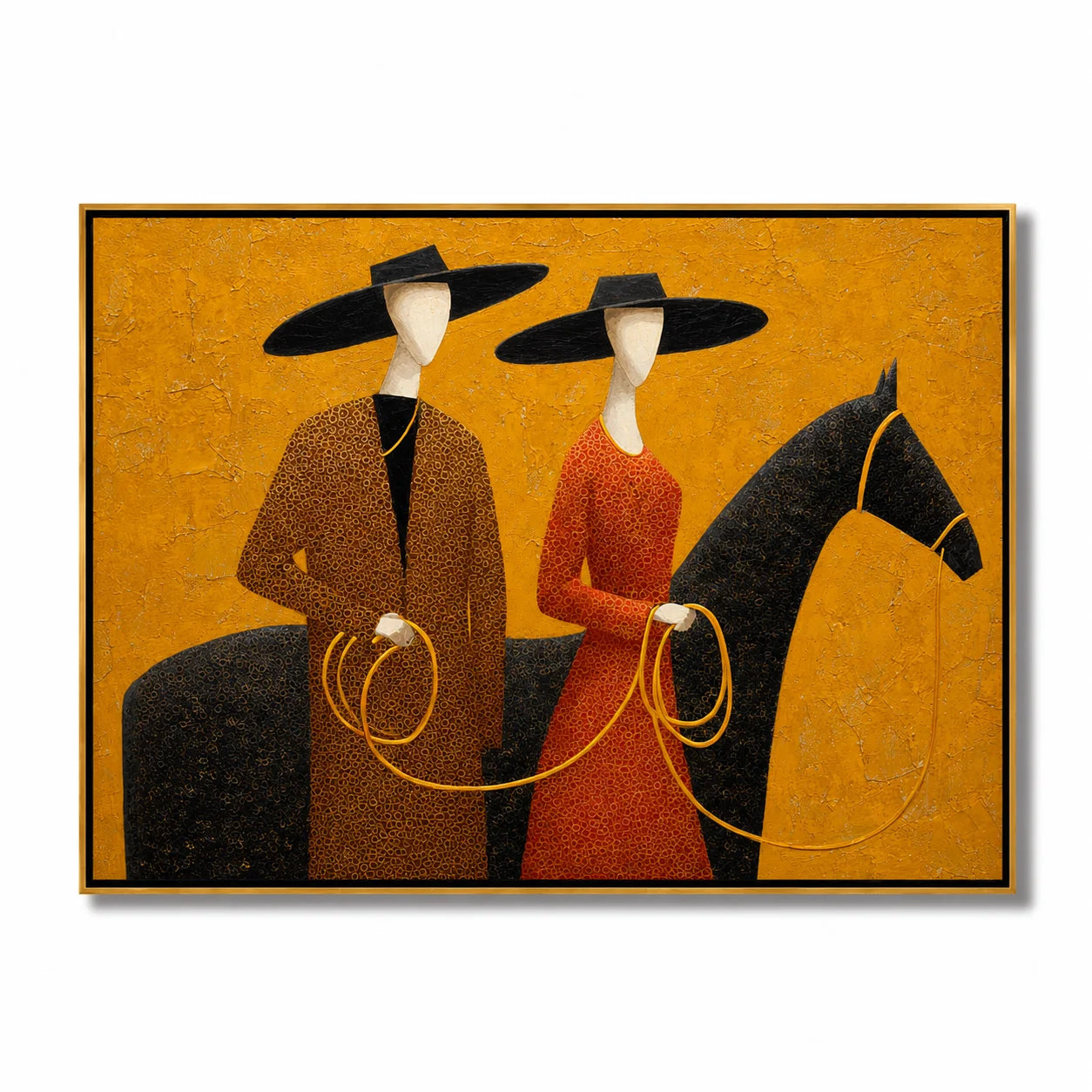 Hand-Painted Western Horse Oil Painting, Textured Cowboy Couple Canvas Wall Art for Rustic Luxury Home Decor#OA 0938
