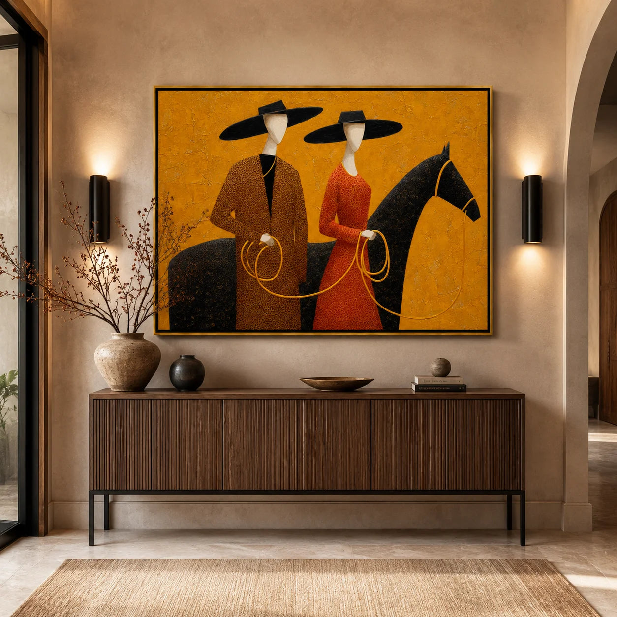 Hand-Painted Western Horse Oil Painting, Textured Cowboy Couple Canvas Wall Art for Rustic Luxury Home Decor#OA 0938