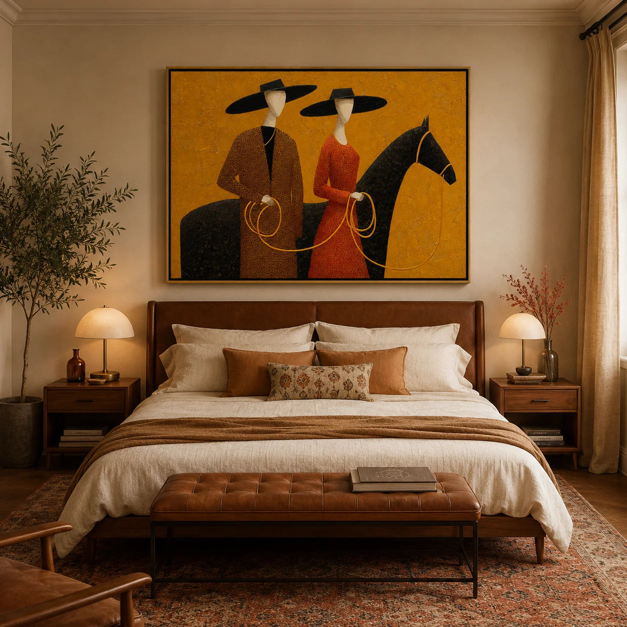 Hand-Painted Western Horse Oil Painting, Textured Cowboy Couple Canvas Wall Art for Rustic Luxury Home Decor#OA 0938