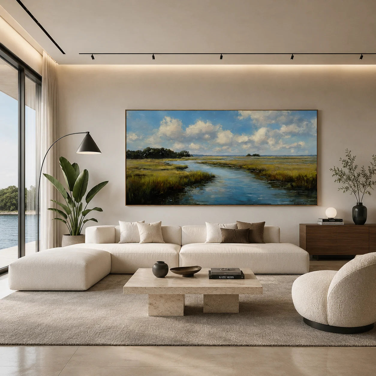 Ownanart Hand-Painted Wetland River Landscape Oil Painting – Blue Sky, Clouds, Meadow Stream Panoramic Wall Art for Modern Home Decor # OA 1246