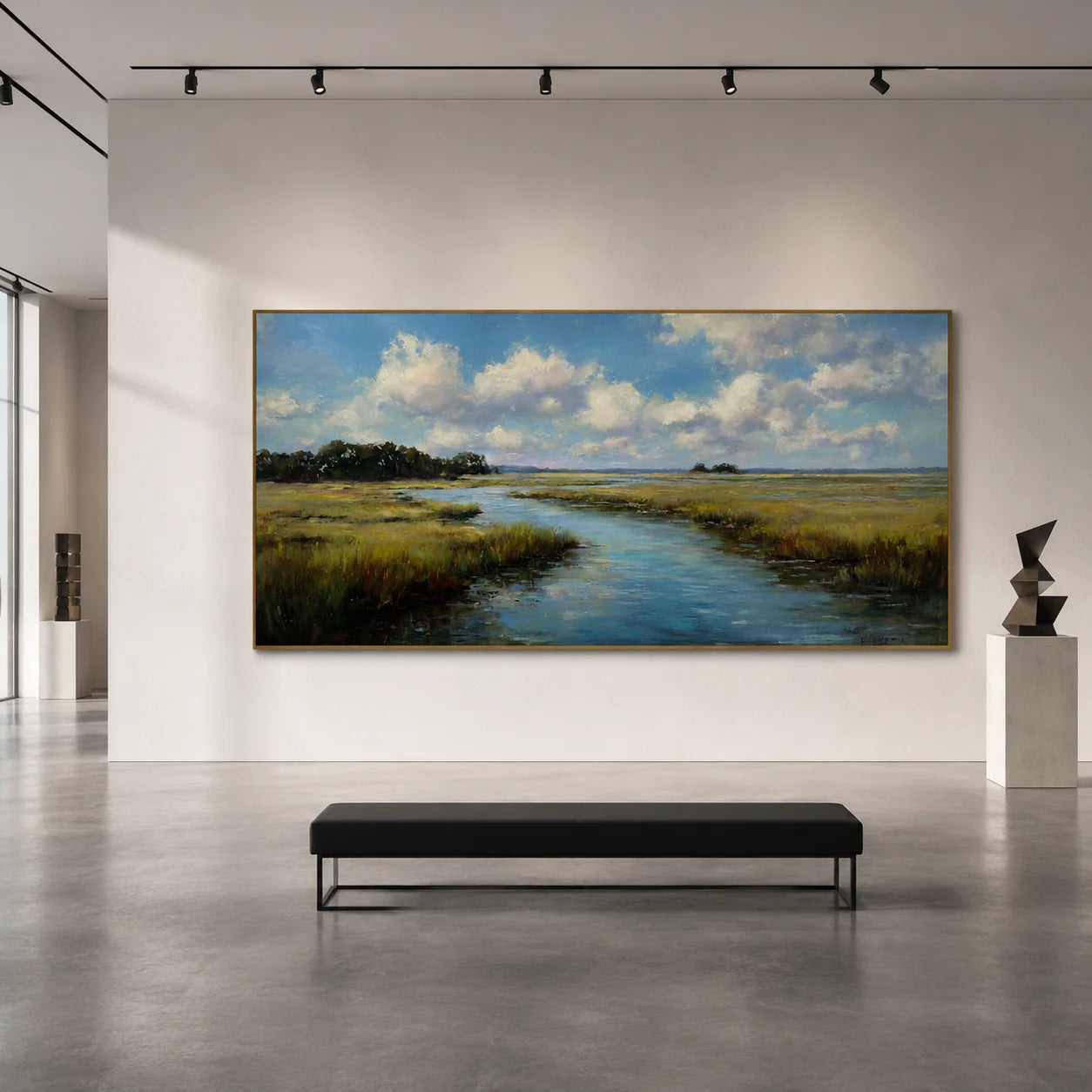 Ownanart Hand-Painted Wetland River Landscape Oil Painting – Blue Sky, Clouds, Meadow Stream Panoramic Wall Art for Modern Home Decor # OA 1246