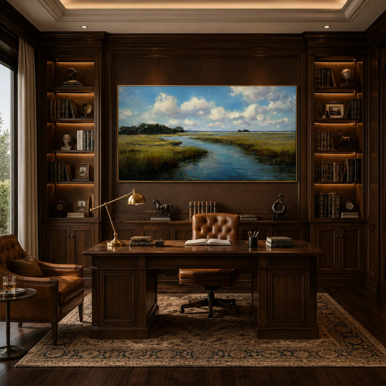 Ownanart Hand-Painted Wetland River Landscape Oil Painting – Blue Sky, Clouds, Meadow Stream Panoramic Wall Art for Modern Home Decor # OA 1246