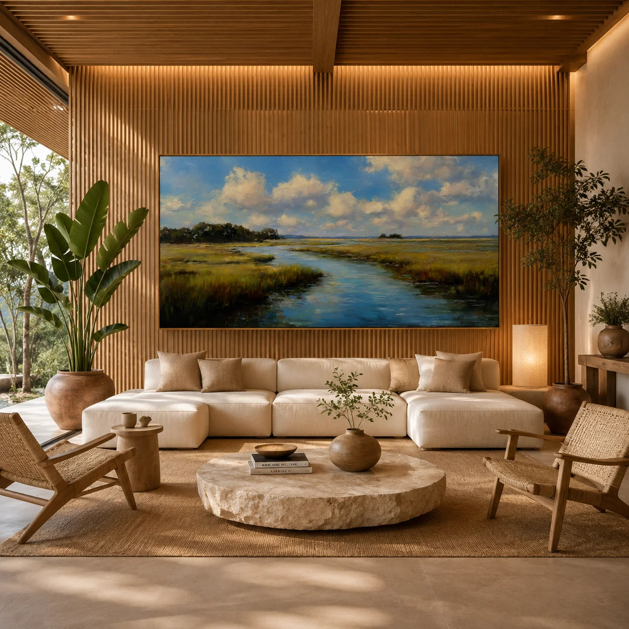 Ownanart Hand-Painted Wetland River Landscape Oil Painting – Blue Sky, Clouds, Meadow Stream Panoramic Wall Art for Modern Home Decor # OA 1246