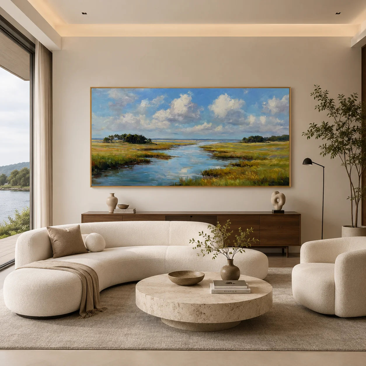 Ownanart Hand-Painted Wetland River Landscape Oil Painting – Blue Sky, White Clouds and Golden Meadow Panoramic Wall Art # OA 1247
