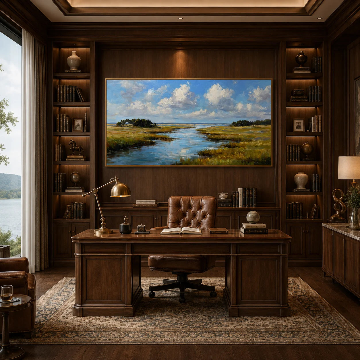 Ownanart Hand-Painted Wetland River Landscape Oil Painting – Blue Sky, White Clouds and Golden Meadow Panoramic Wall Art # OA 1247