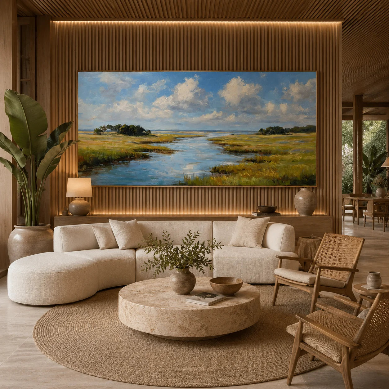 Ownanart Hand-Painted Wetland River Landscape Oil Painting – Blue Sky, White Clouds and Golden Meadow Panoramic Wall Art # OA 1247