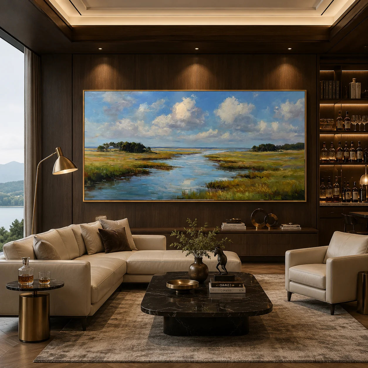 Ownanart Hand-Painted Wetland River Landscape Oil Painting – Blue Sky, White Clouds and Golden Meadow Panoramic Wall Art # OA 1247