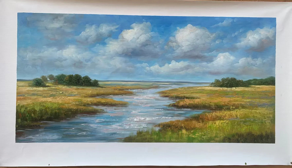 Ownanart Hand-Painted Wetland River Landscape Oil Painting – Blue Sky, White Clouds and Golden Meadow Panoramic Wall Art # OA 1247