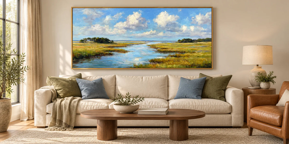 Ownanart Hand-Painted Wetland River Landscape Oil Painting – Blue Sky, White Clouds and Golden Meadow Panoramic Wall Art