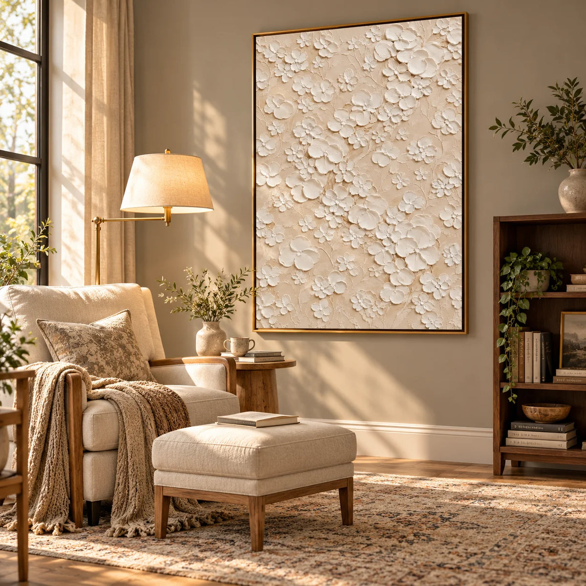 Ownanart Hand-Painted White Floral Textured Oil Painting – 3D Impasto Flowers on Soft Beige Background, Neutral Botanical Wall Art for Modern Living Room, Bedroom and Elegant Home Decor
