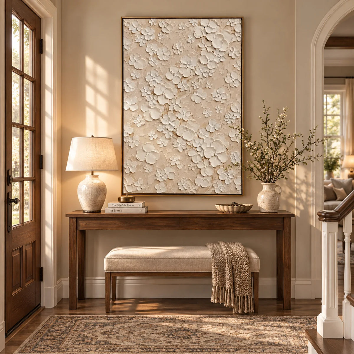 Ownanart Hand-Painted White Floral Textured Oil Painting – 3D Impasto Flowers on Soft Beige Background, Neutral Botanical Wall Art for Modern Living Room, Bedroom and Elegant Home Decor
