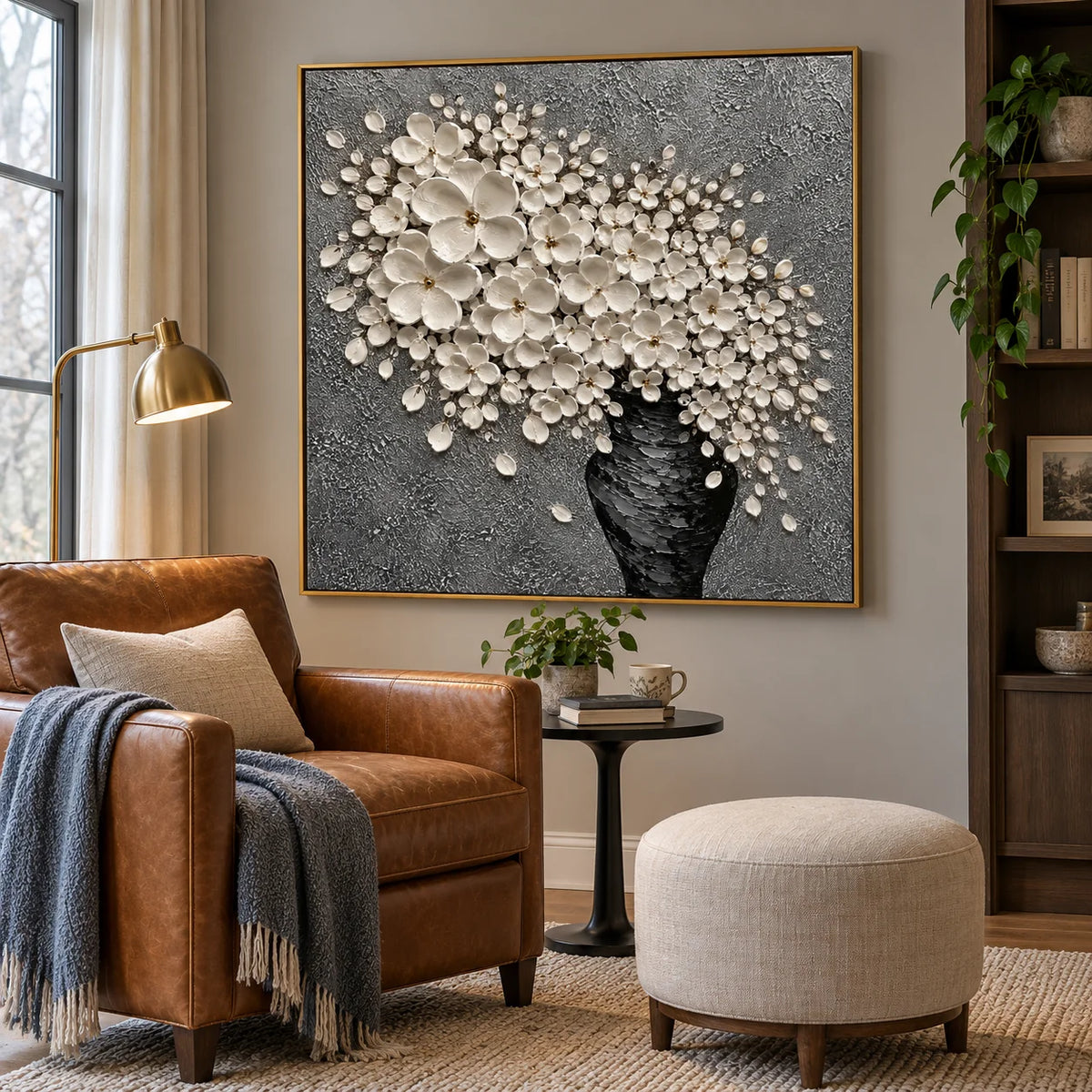 Ownanart Hand-Painted White Flower Oil Painting in a Black Vase – Textured Impasto Floral Canvas Wall Art