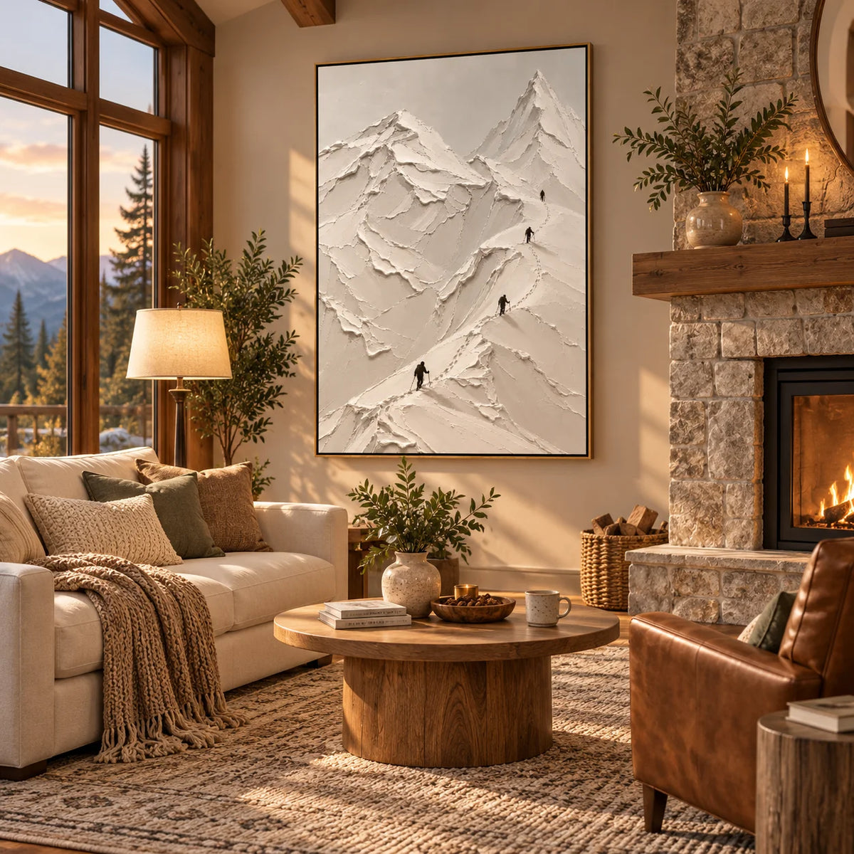 Ownanart Hand-Painted White Snow Mountain Textured Oil Painting – Minimalist 3D Impasto Alpine Peaks with Mountain Climbers, Neutral Abstract Landscape Wall Art for Modern Living Room