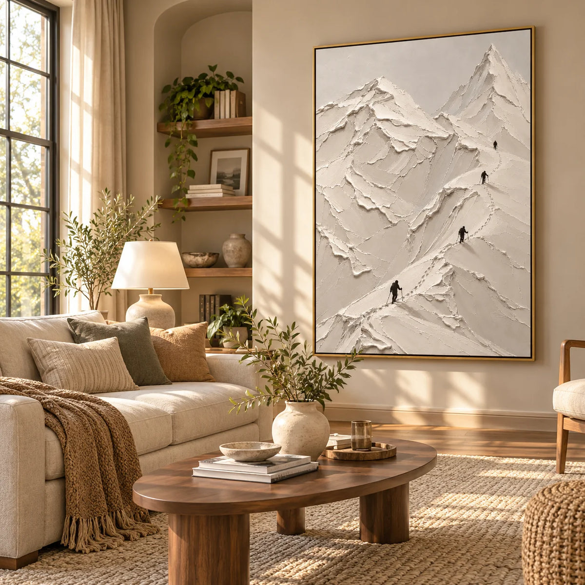 Ownanart Hand-Painted White Snow Mountain Textured Oil Painting – Minimalist 3D Impasto Alpine Peaks with Mountain Climbers, Neutral Abstract Landscape Wall Art for Modern Living Room