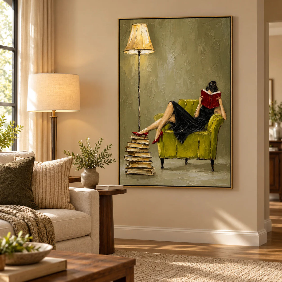 Ownanart Hand-Painted Woman Reading Oil Painting – Black Dress, Red Book and Green Armchair Figurative Wall Art for Reading Nook