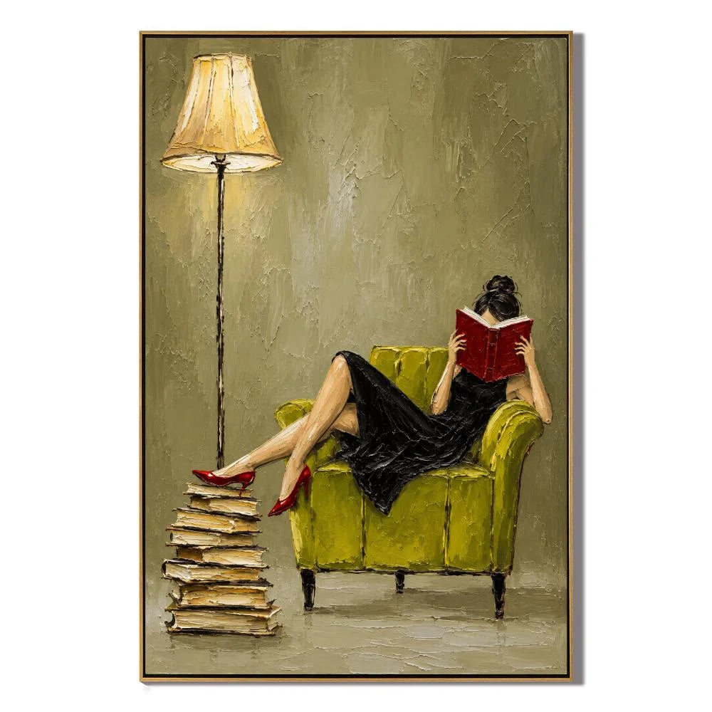 Ownanart Hand-Painted Woman Reading Oil Painting – Black Dress, Red Book and Green Armchair Figurative Wall Art for Reading Nook