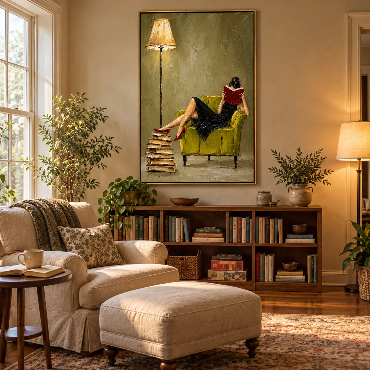 Ownanart Hand-Painted Woman Reading Oil Painting – Black Dress, Red Book and Green Armchair Figurative Wall Art for Reading Nook