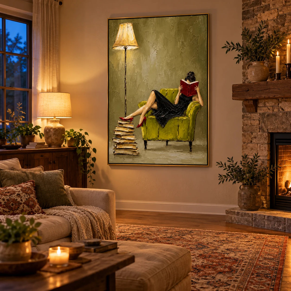Ownanart Hand-Painted Woman Reading Oil Painting – Black Dress, Red Book and Green Armchair Figurative Wall Art for Reading Nook