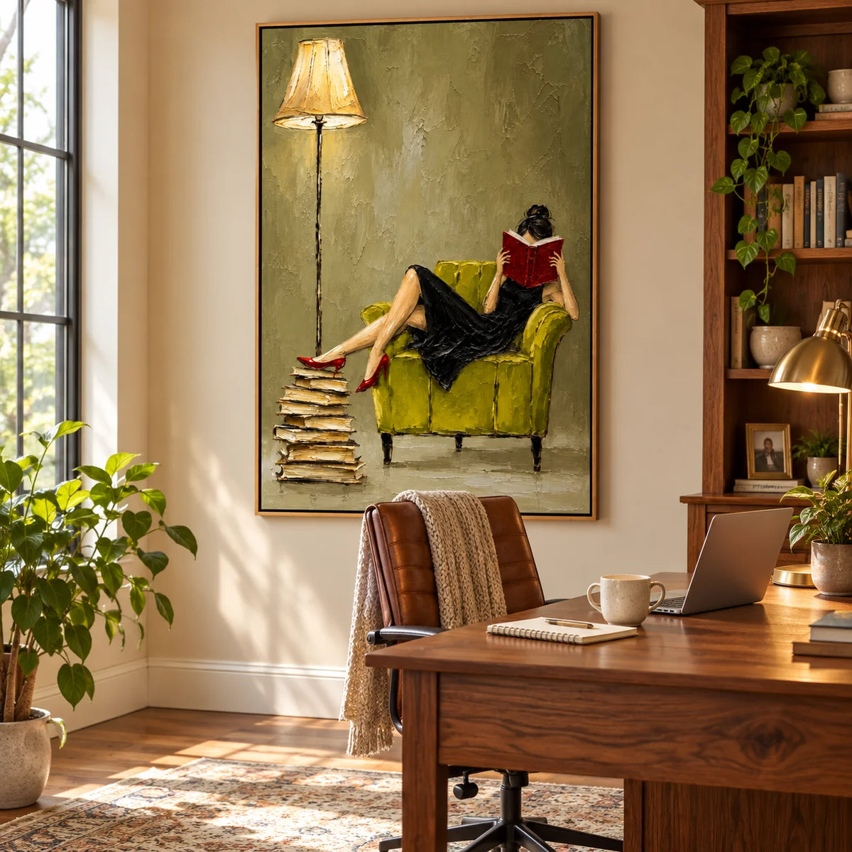 Ownanart Hand-Painted Woman Reading Oil Painting – Black Dress, Red Book and Green Armchair Figurative Wall Art for Reading Nook