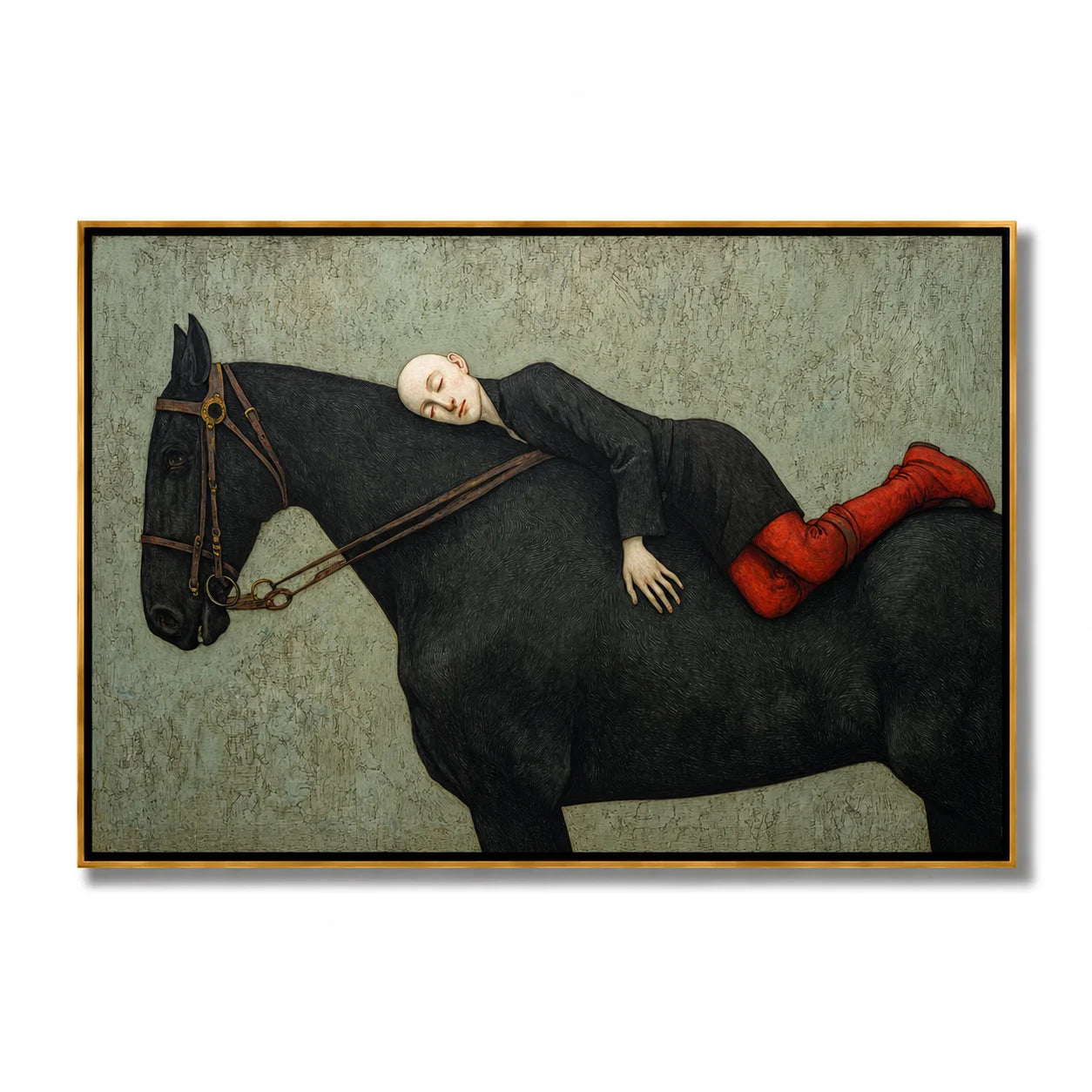 Hand-Painted Woman Resting on Black Horse Oil Painting, Textured Equestrian Canvas Wall Art for Luxury Home Decor#OA 0945