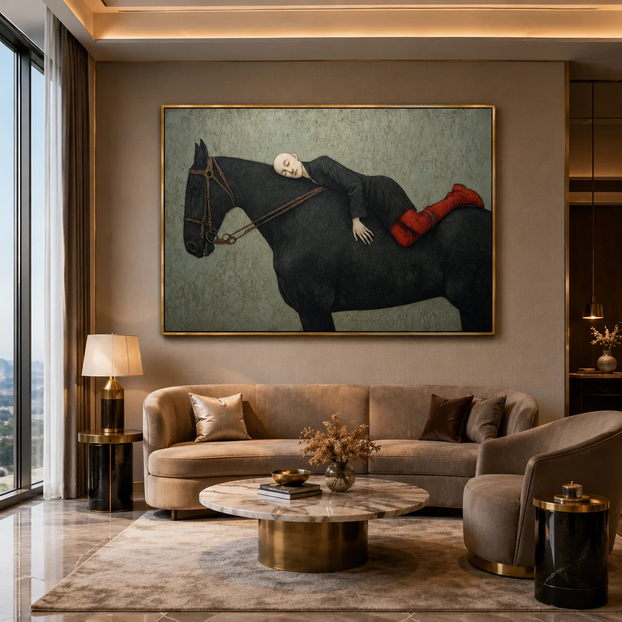 Hand-Painted Woman Resting on Black Horse Oil Painting, Textured Equestrian Canvas Wall Art for Luxury Home Decor#OA 0945