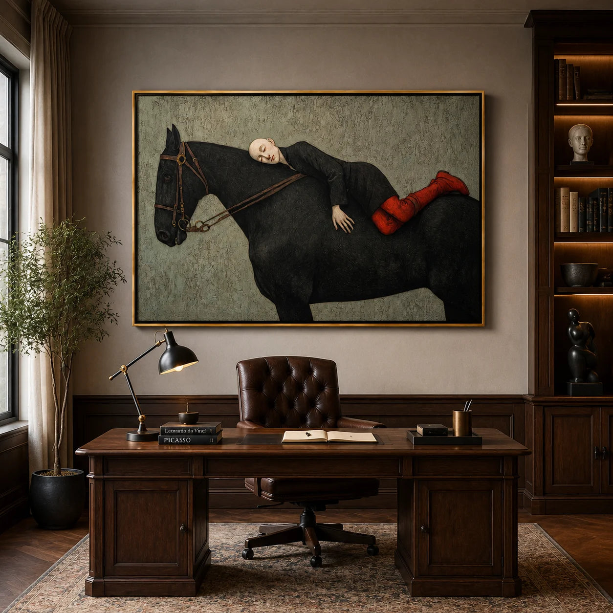 Hand-Painted Woman Resting on Black Horse Oil Painting, Textured Equestrian Canvas Wall Art for Luxury Home Decor#OA 0945