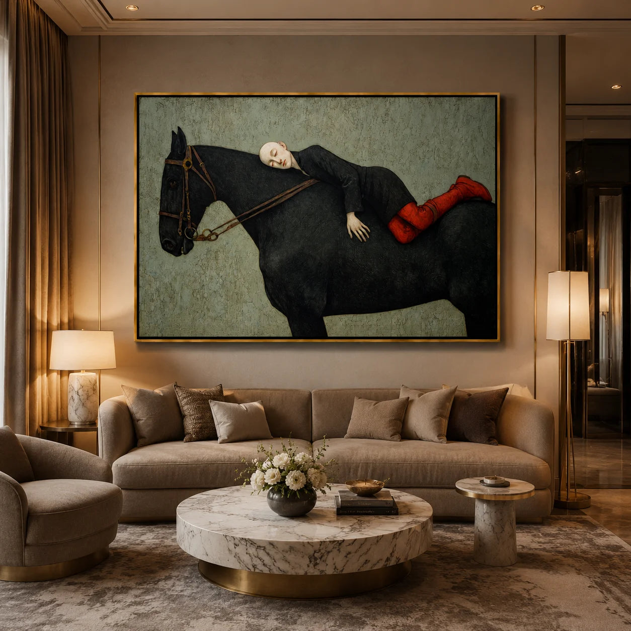 Hand-Painted Woman Resting on Black Horse Oil Painting, Textured Equestrian Canvas Wall Art for Luxury Home Decor#OA 0945