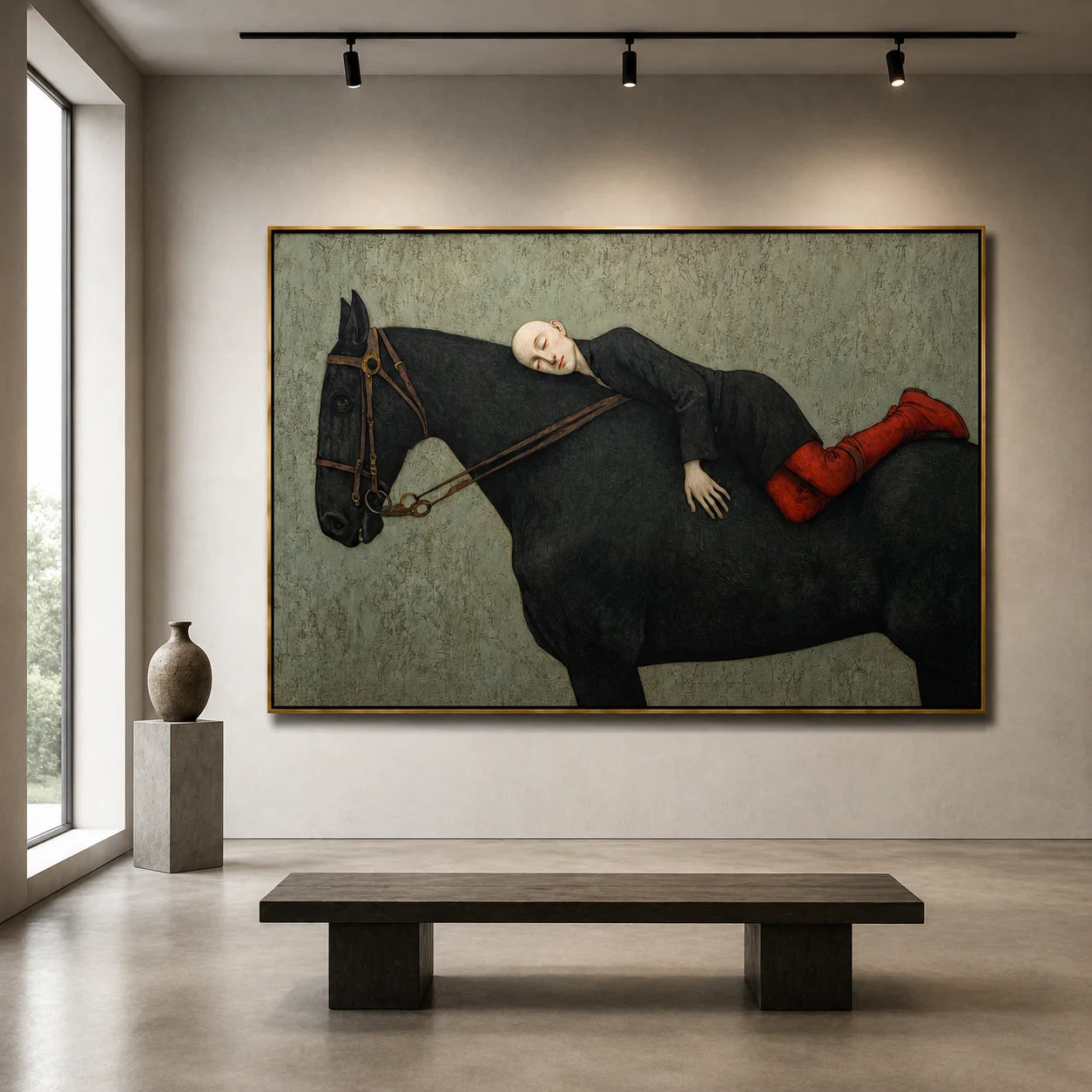 Hand-Painted Woman Resting on Black Horse Oil Painting, Textured Equestrian Canvas Wall Art for Luxury Home Decor#OA 0945
