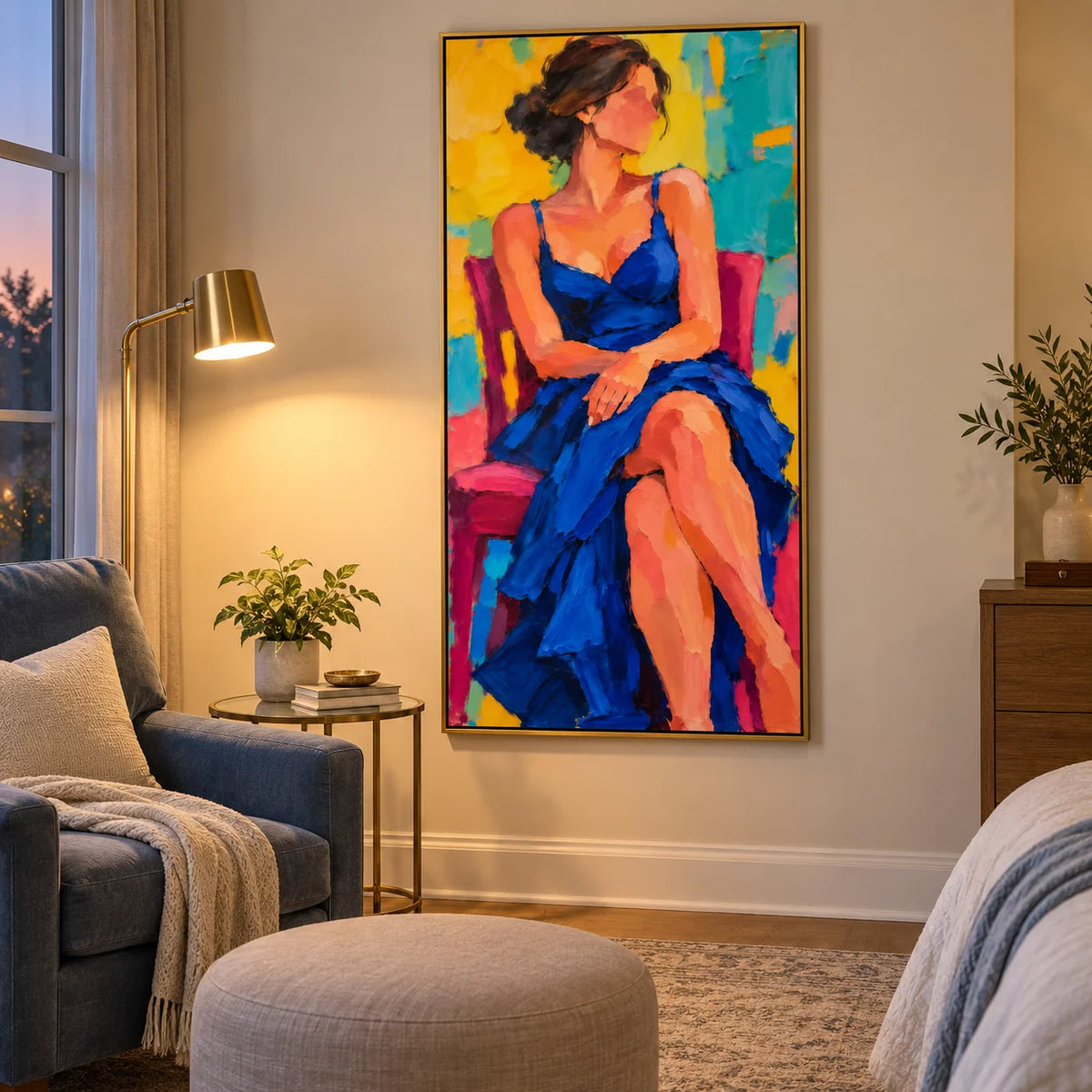 Ownanart Hand-Painted Woman in Blue Dress Oil Painting – Colorful Seated Female Portrait, Textured Figurative Canvas Wall Art for Living Room & Bedroom