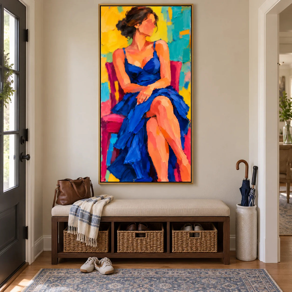 Ownanart Hand-Painted Woman in Blue Dress Oil Painting – Colorful Seated Female Portrait, Textured Figurative Canvas Wall Art for Living Room & Bedroom