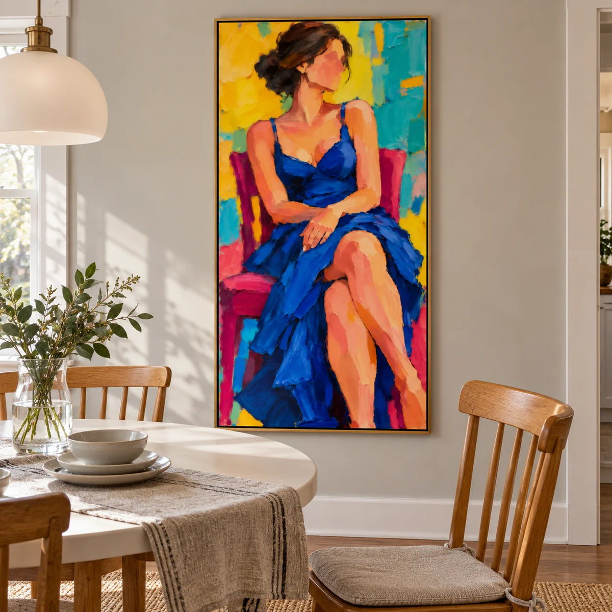 Ownanart Hand-Painted Woman in Blue Dress Oil Painting – Colorful Seated Female Portrait, Textured Figurative Canvas Wall Art for Living Room & Bedroom