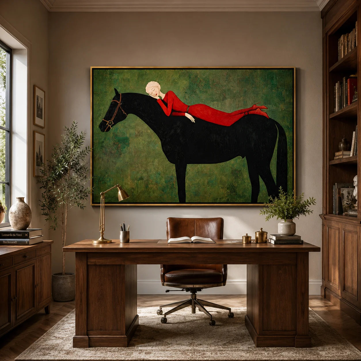 Hand-Painted Woman on Black Horse Oil Painting, Textured Equestrian Canvas Wall Art for Luxury Home Decor#OA 0944