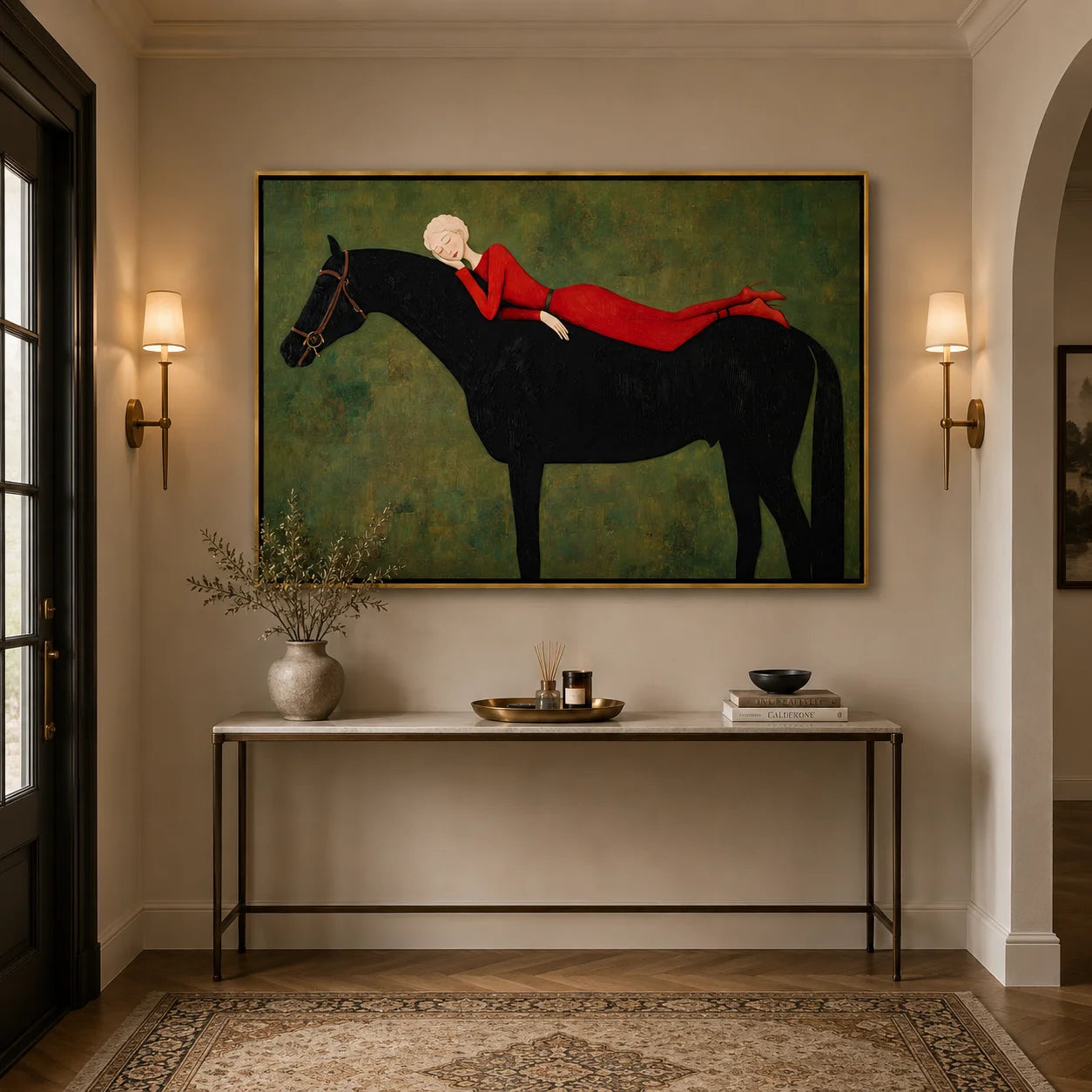 Hand-Painted Woman on Black Horse Oil Painting, Textured Equestrian Canvas Wall Art for Luxury Home Decor#OA 0944