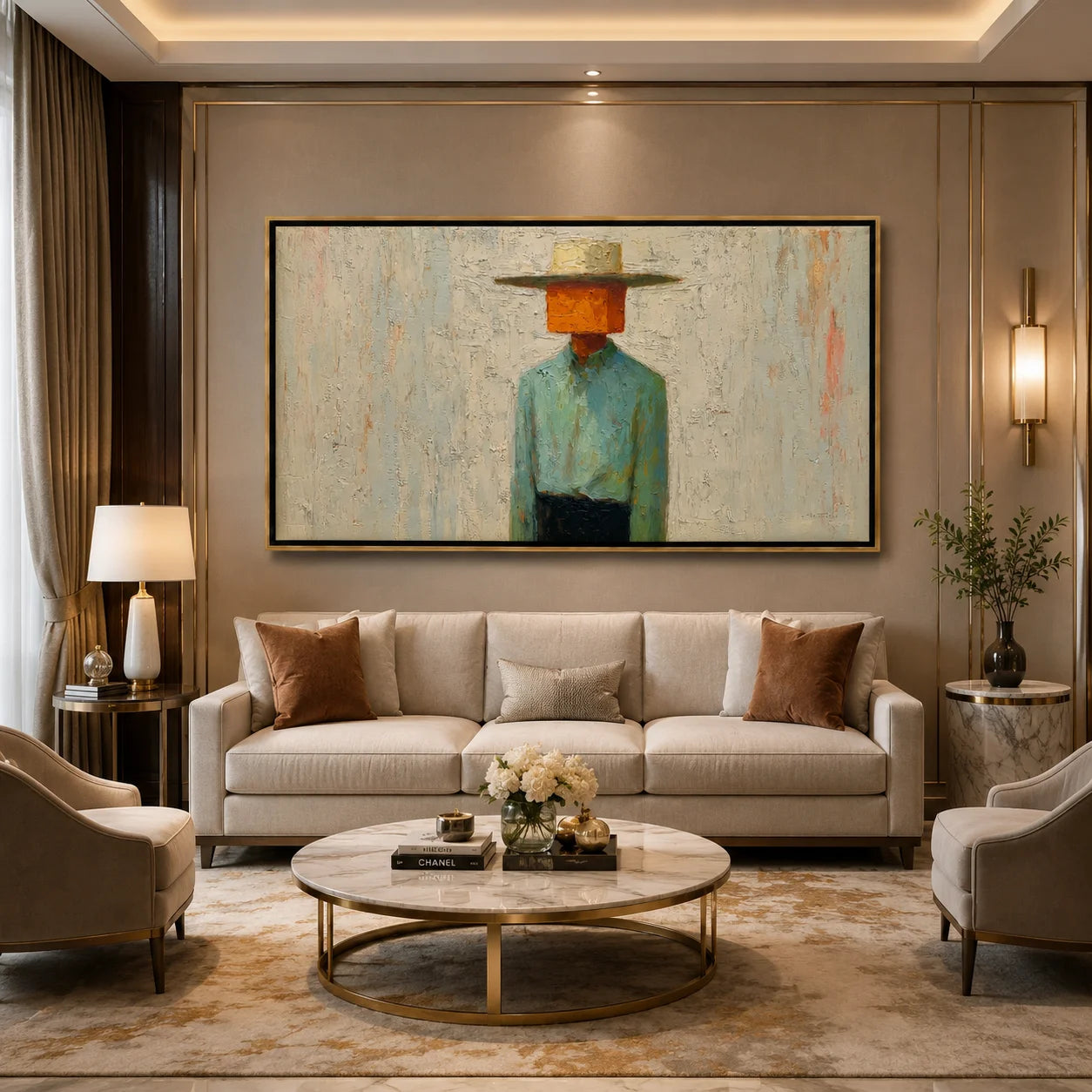 Horizontal Abstract Cowboy Hand-Painted Oil Painting, Textured Western Wall Art for Modern Home Decor#OA 0968