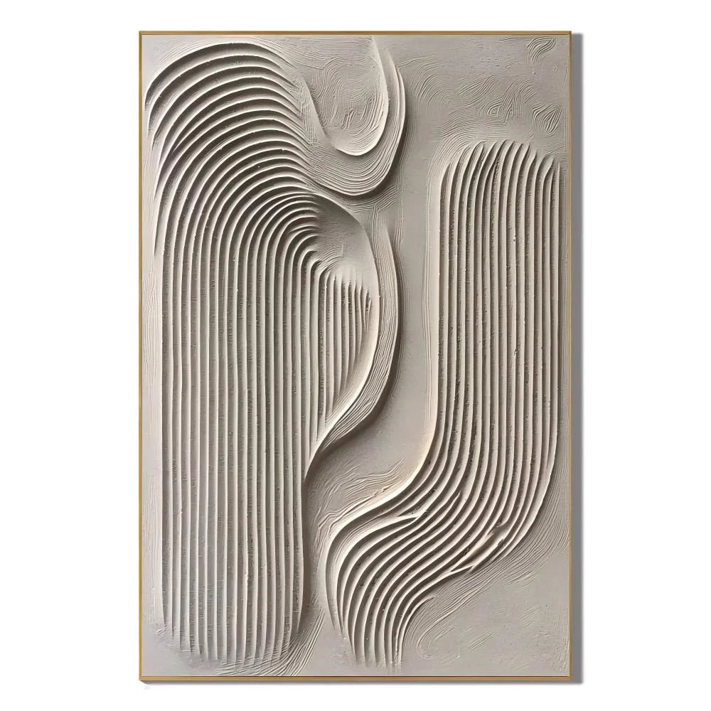 Ivory Abstract Flowing Geometric Textured Hand-Painted Oil Painting | 3D Wave and Arch Relief Wall Art for Modern Minimalist Interiors