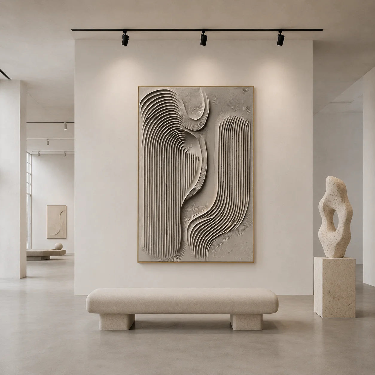 Ivory Abstract Flowing Geometric Textured Hand-Painted Oil Painting | 3D Wave and Arch Relief Wall Art for Modern Minimalist Interiors