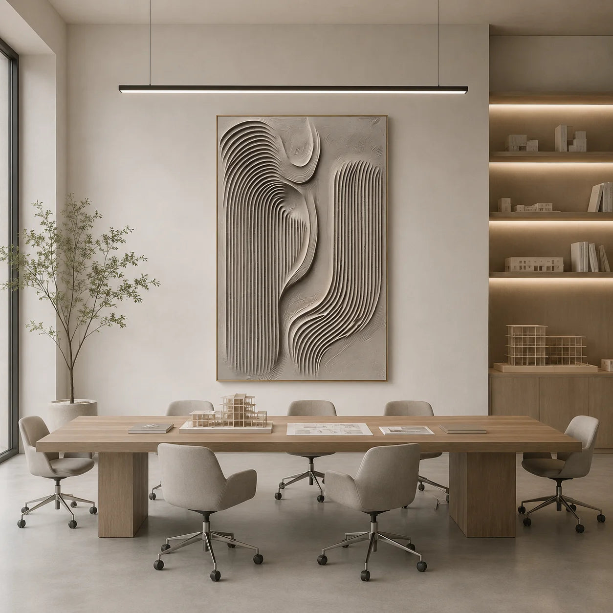 Ivory Abstract Flowing Geometric Textured Hand-Painted Oil Painting | 3D Wave and Arch Relief Wall Art for Modern Minimalist Interiors