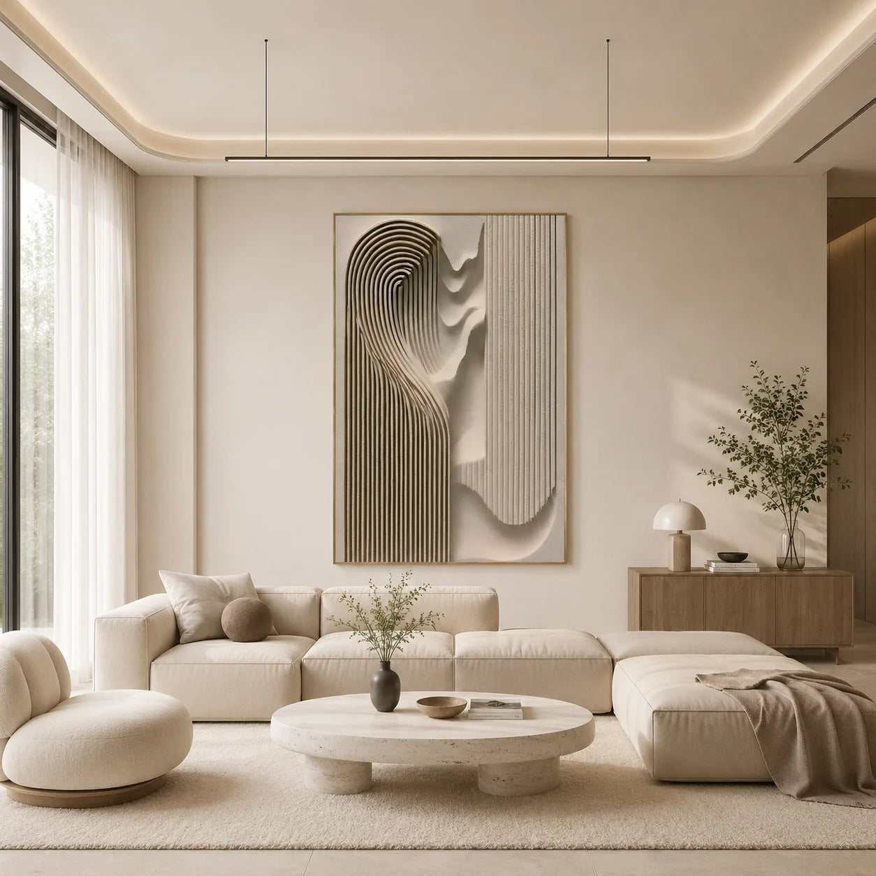 Ivory Minimalist Geometric Line Textured Hand-Painted Oil Painting | 3D Arched Wave Relief Abstract Wall Art for Living Room, Bedroom and Entryway