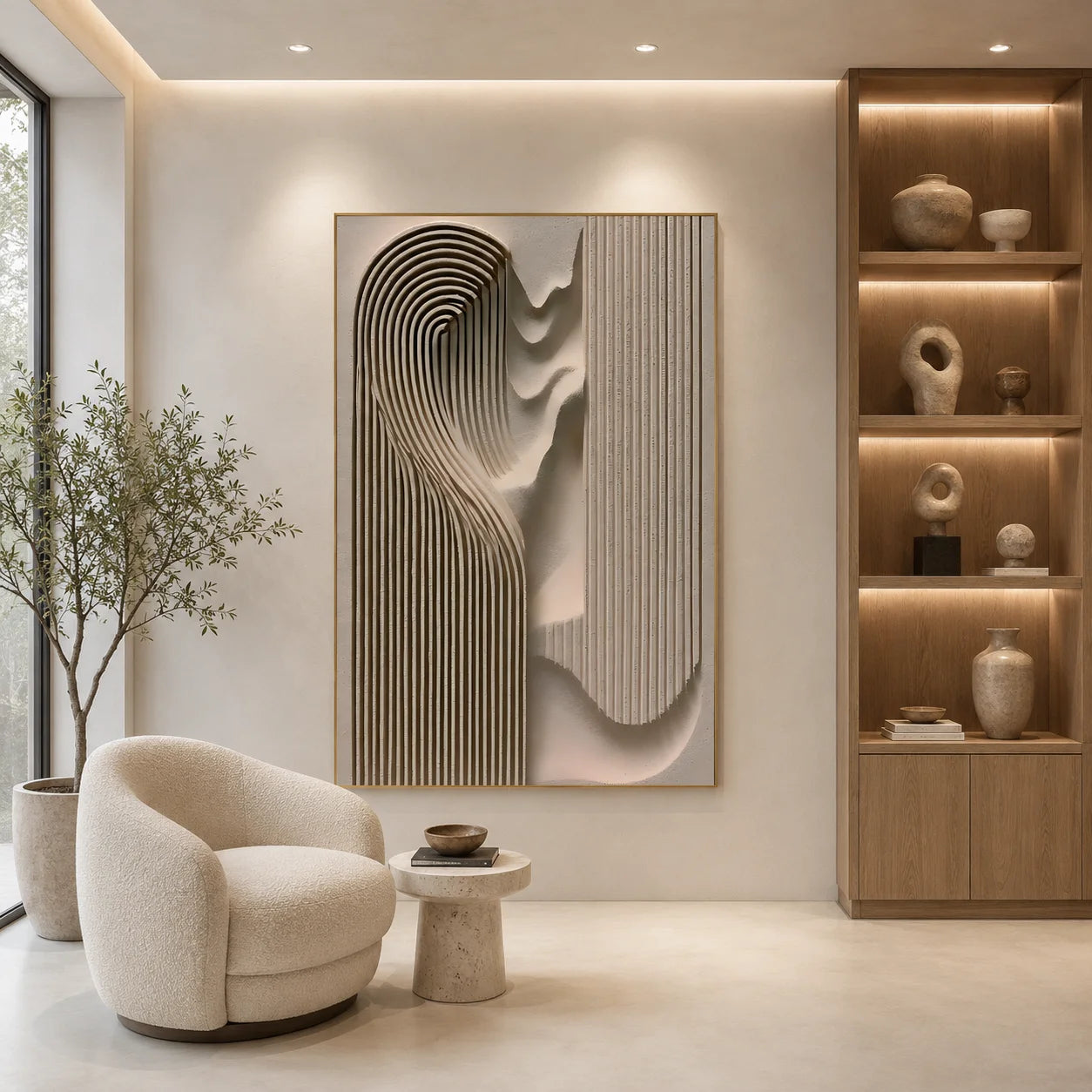 Ivory Minimalist Geometric Line Textured Hand-Painted Oil Painting | 3D Arched Wave Relief Abstract Wall Art for Living Room, Bedroom and Entryway