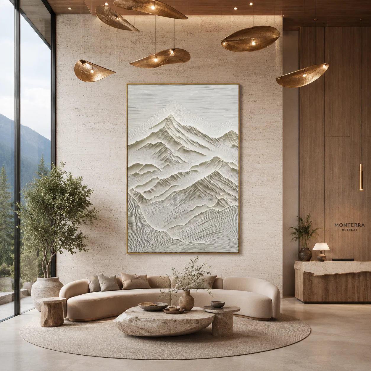 Ivory Minimalist Mountain Line Textured Hand-Painted Oil Painting | Modern Relief Abstract Landscape Wall Art for Living Room, Bedroom and Study