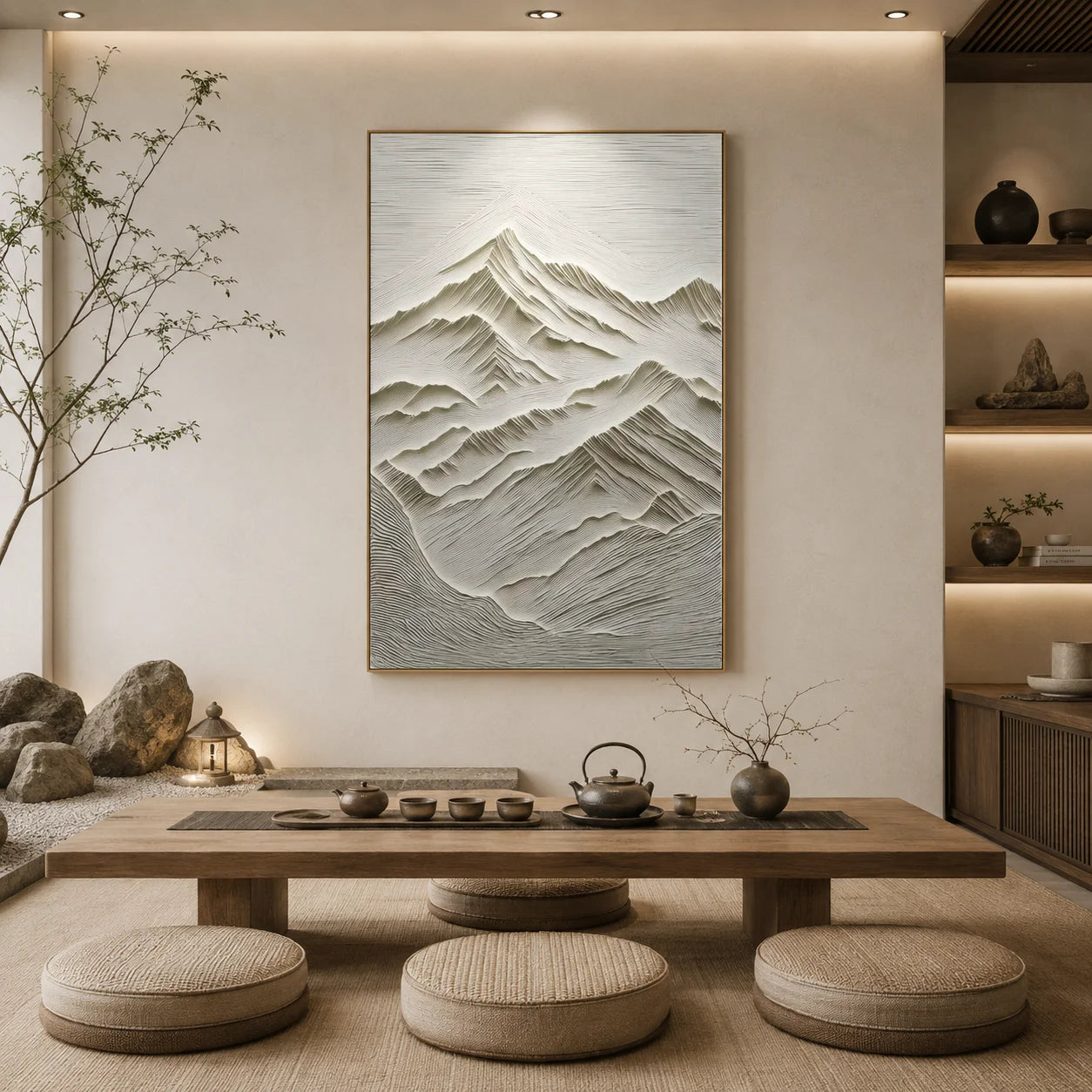 Ivory Minimalist Mountain Line Textured Hand-Painted Oil Painting | Modern Relief Abstract Landscape Wall Art for Living Room, Bedroom and Study