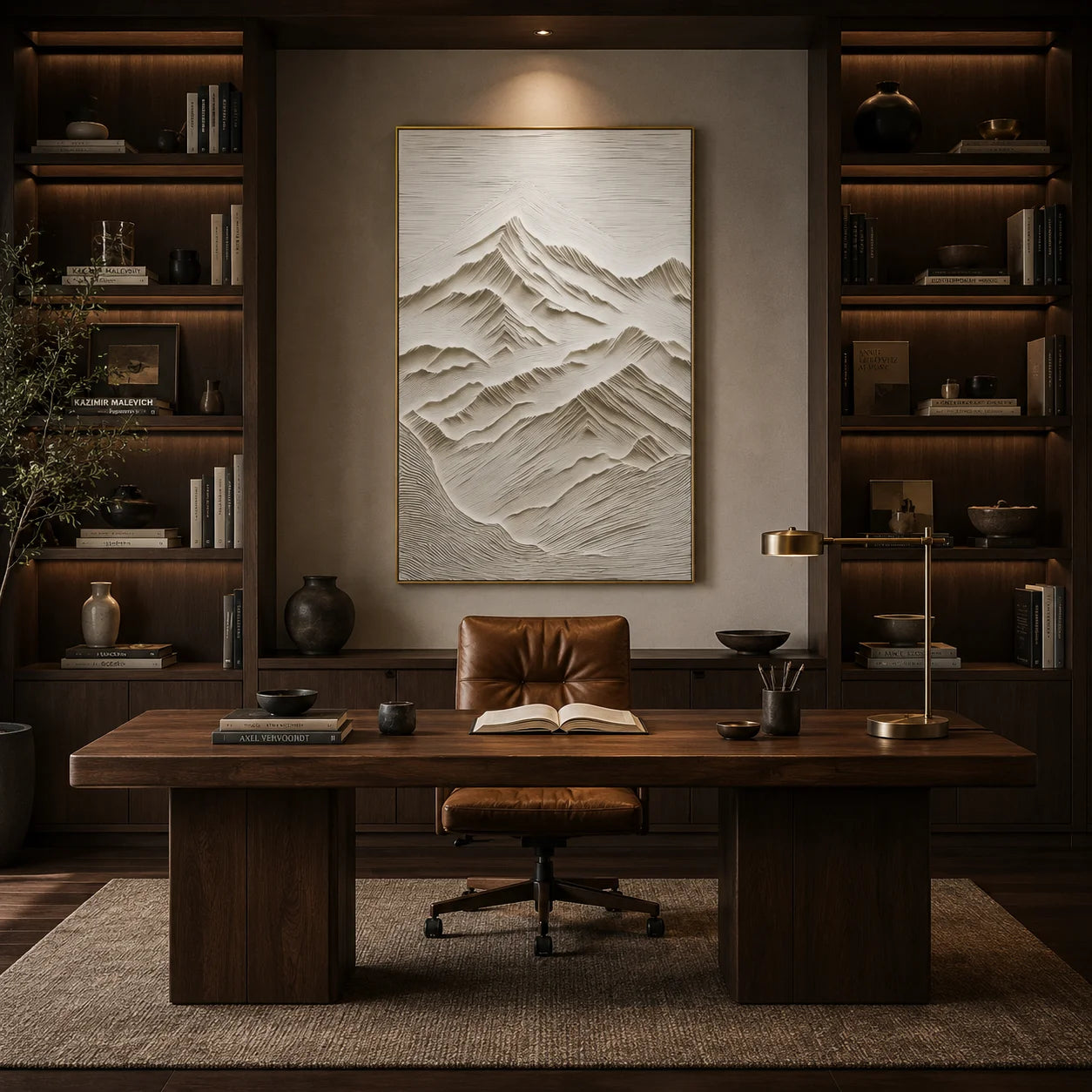 Ivory Minimalist Mountain Line Textured Hand-Painted Oil Painting | Modern Relief Abstract Landscape Wall Art for Living Room, Bedroom and Study
