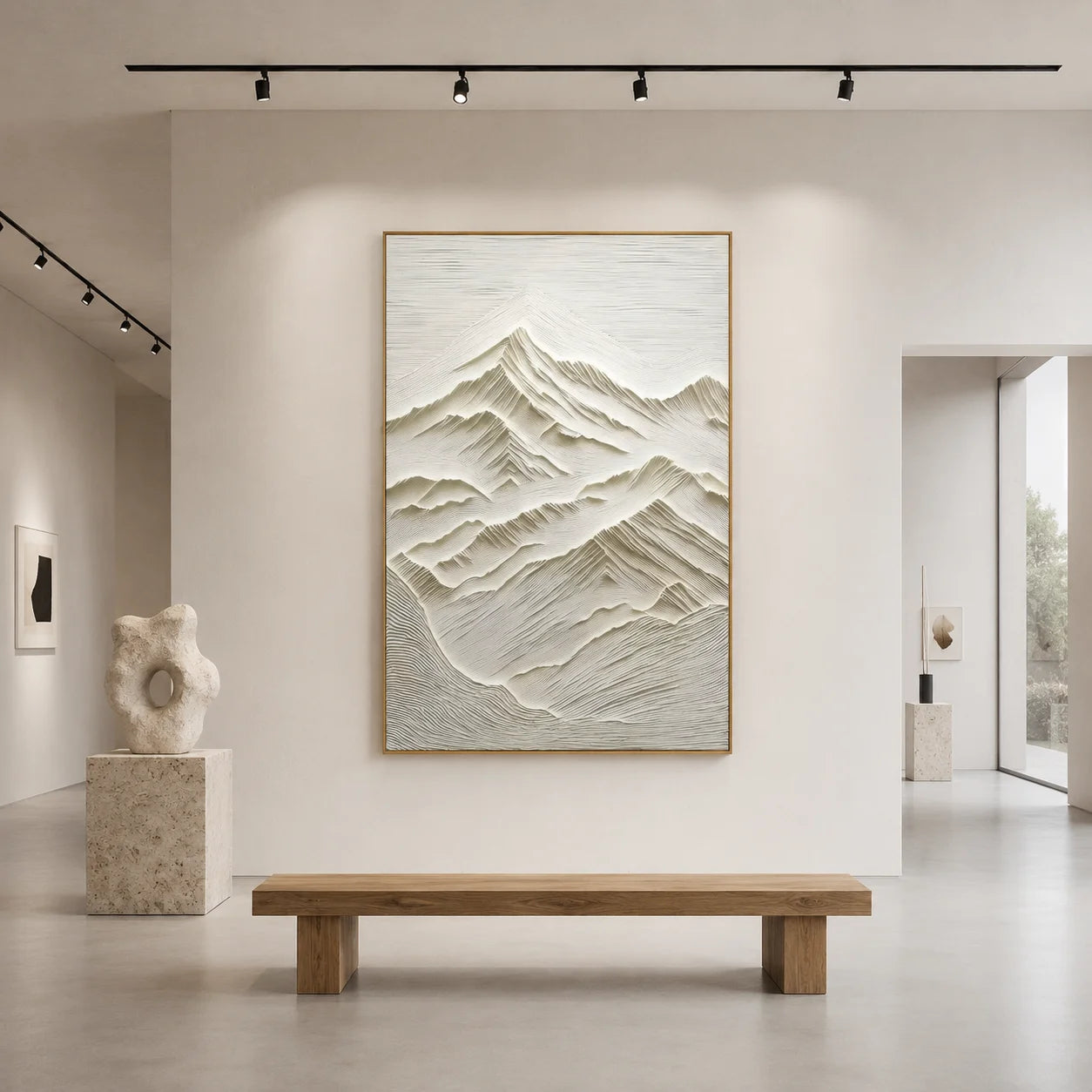 Ivory Minimalist Mountain Line Textured Hand-Painted Oil Painting | Modern Relief Abstract Landscape Wall Art for Living Room, Bedroom and Study