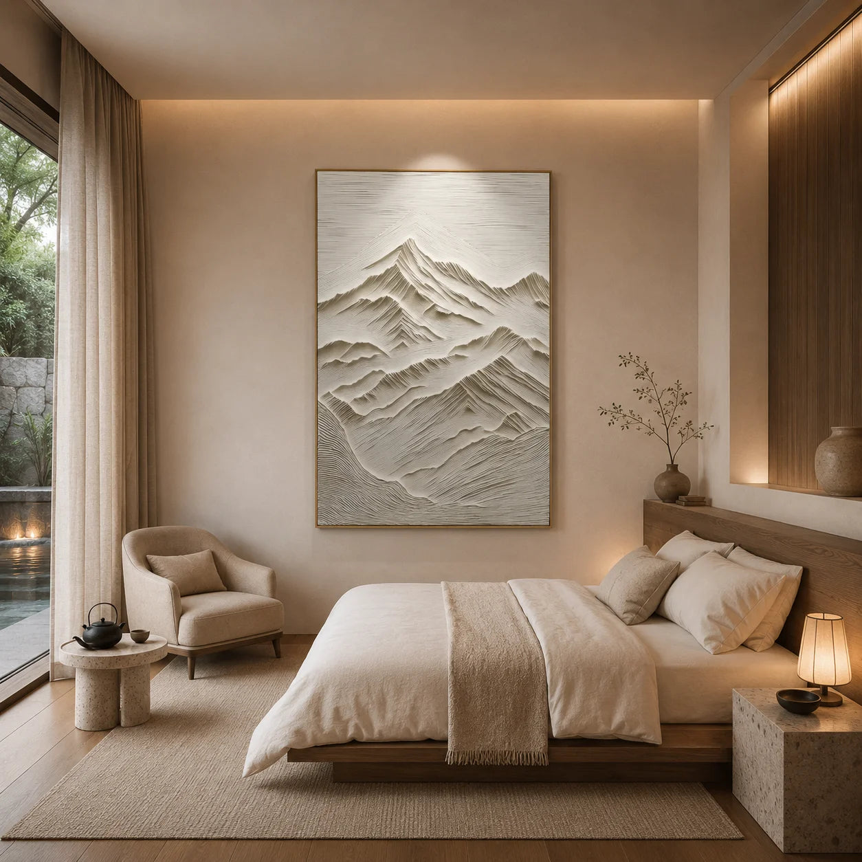 Ivory Minimalist Mountain Line Textured Hand-Painted Oil Painting | Modern Relief Abstract Landscape Wall Art for Living Room, Bedroom and Study