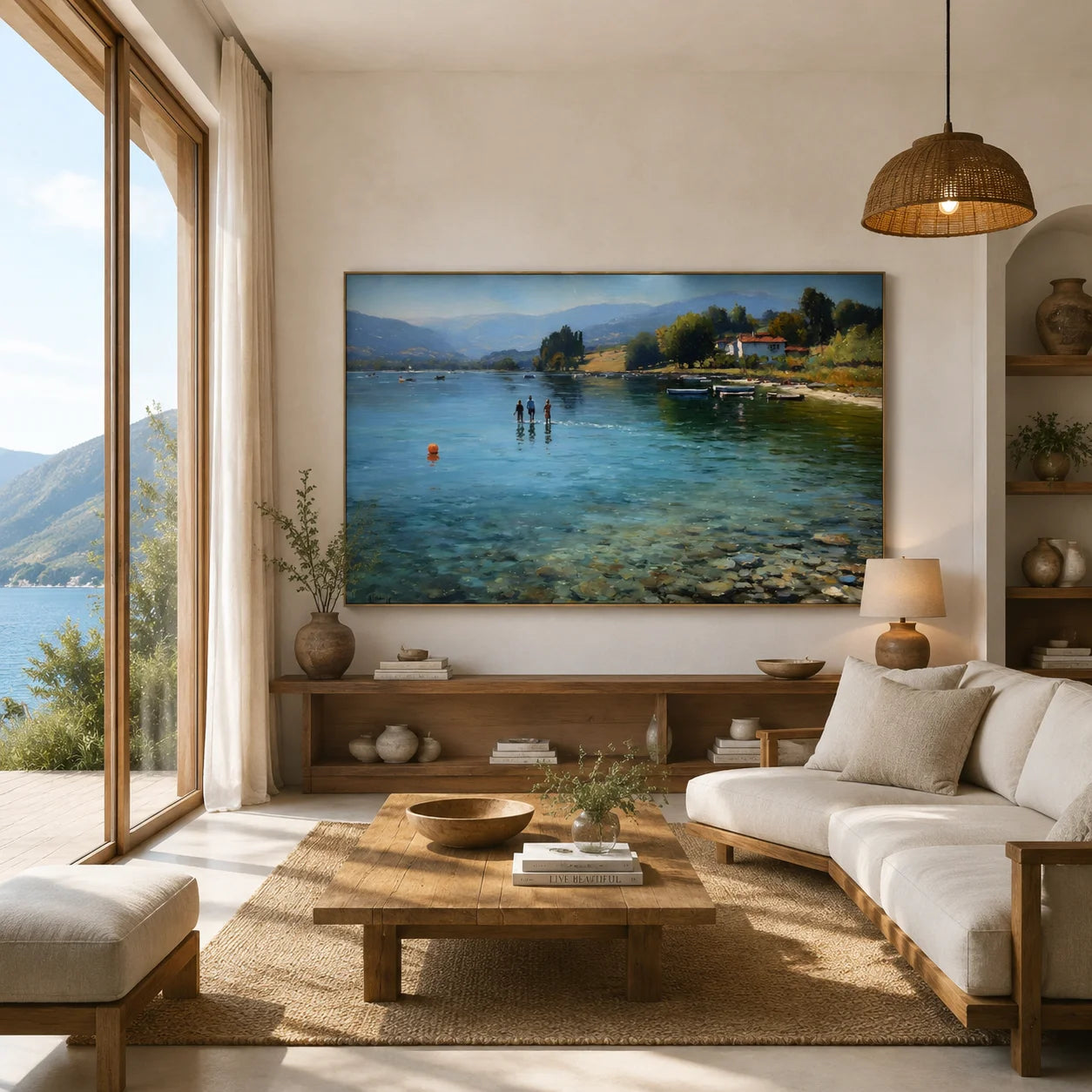 Lakeside Summer Landscape Hand-Painted Oil Painting, Serene Lake Wall Art for Living Room Decor # OA 1060